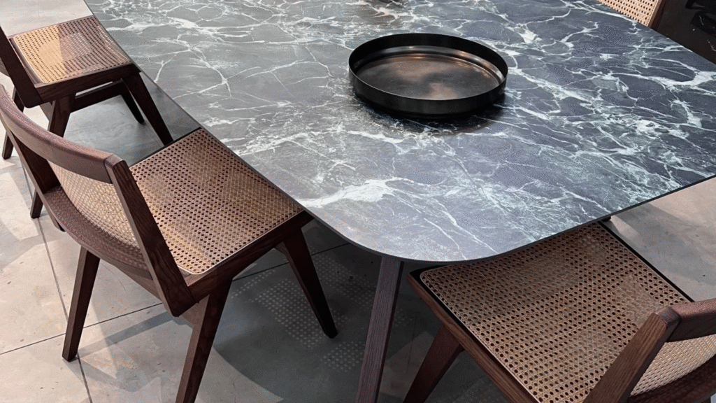 Oval dining table with polished stone top