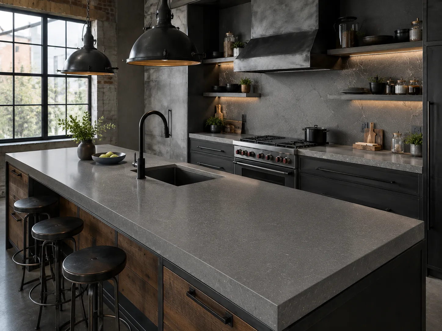 Industrial style kitchen with grey quartz countertops