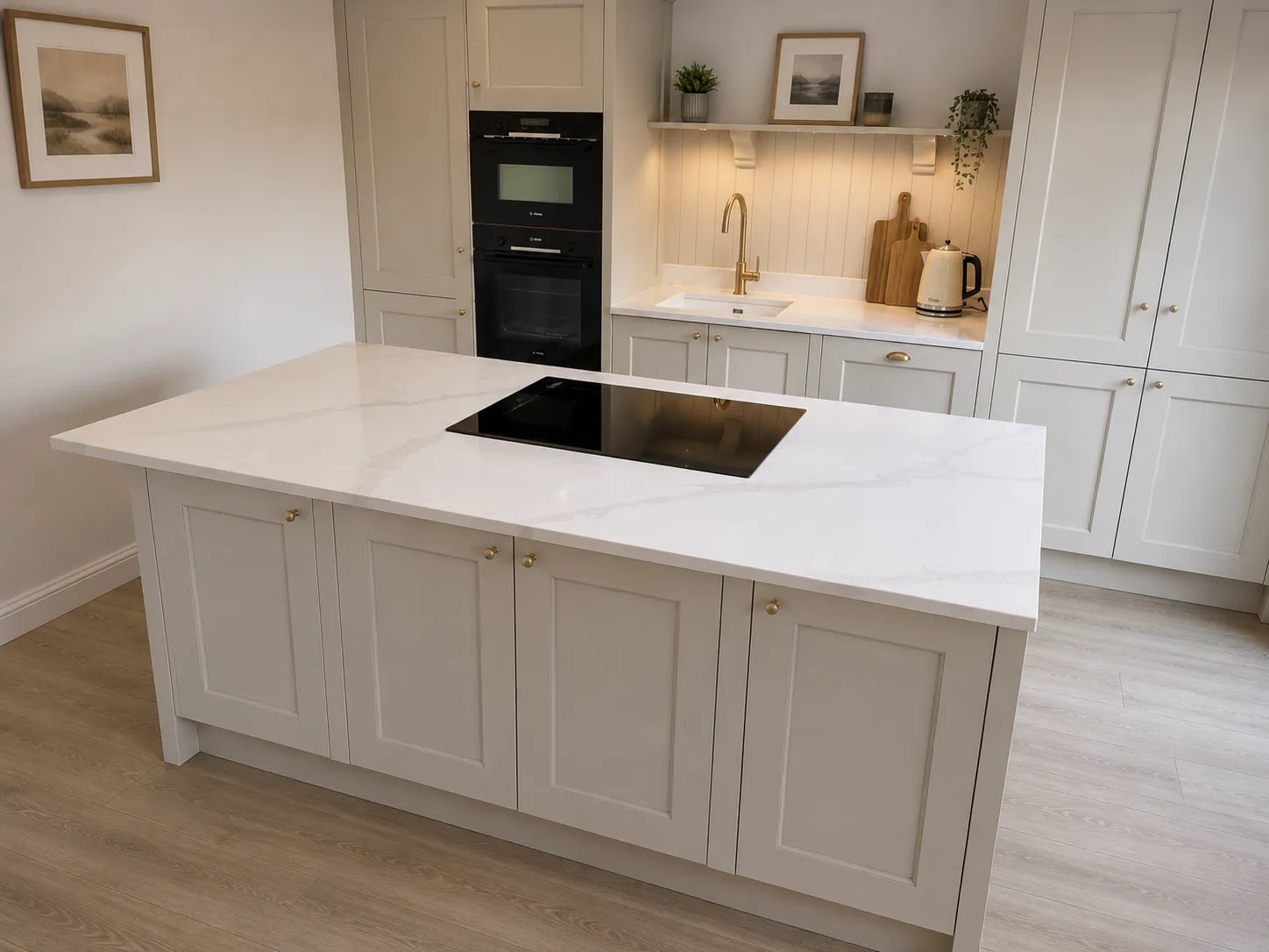 Bright modern kitchen with pure white quartz island