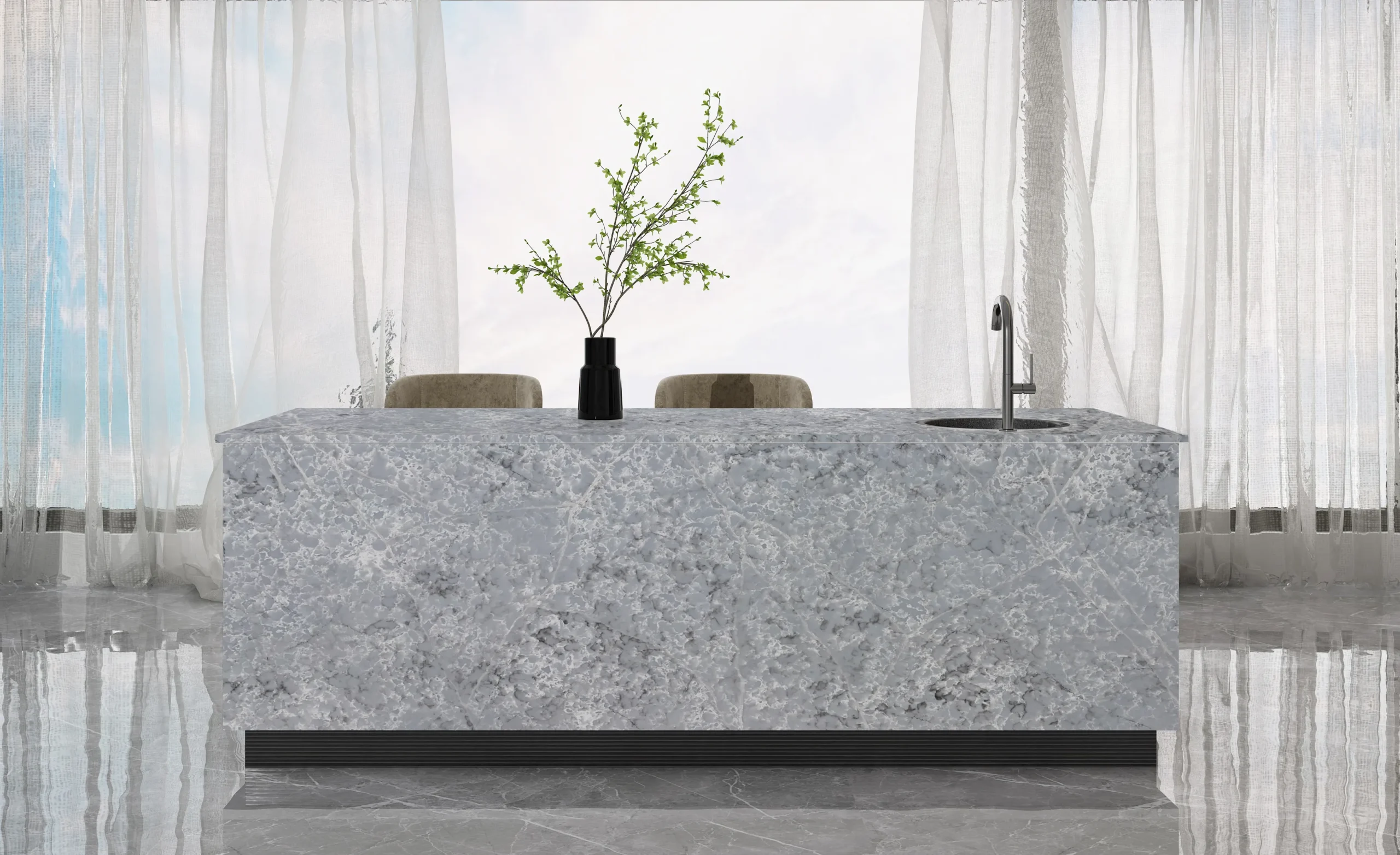 Industrial style kitchen with grey quartz countertops