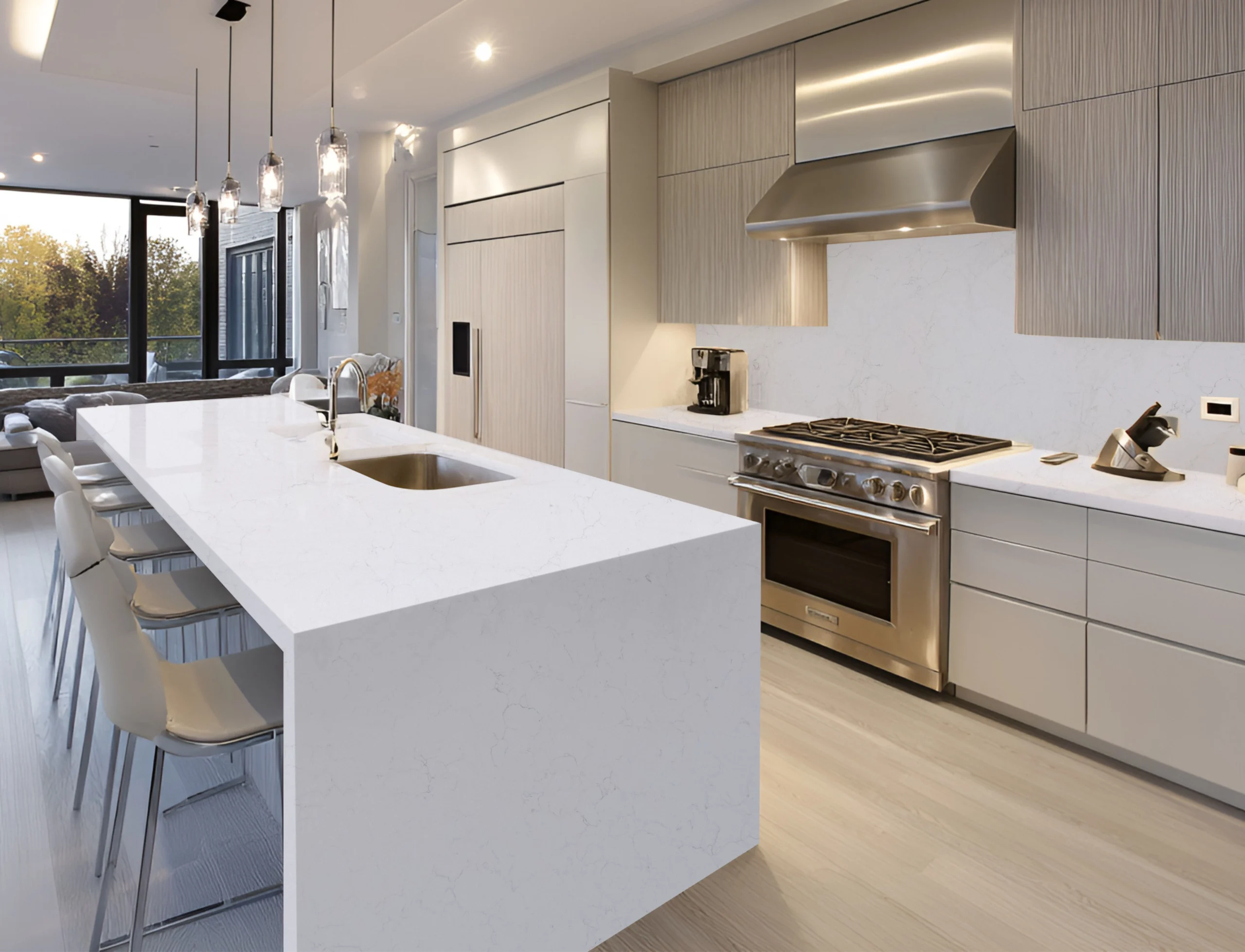 Industrial style kitchen with grey quartz countertops