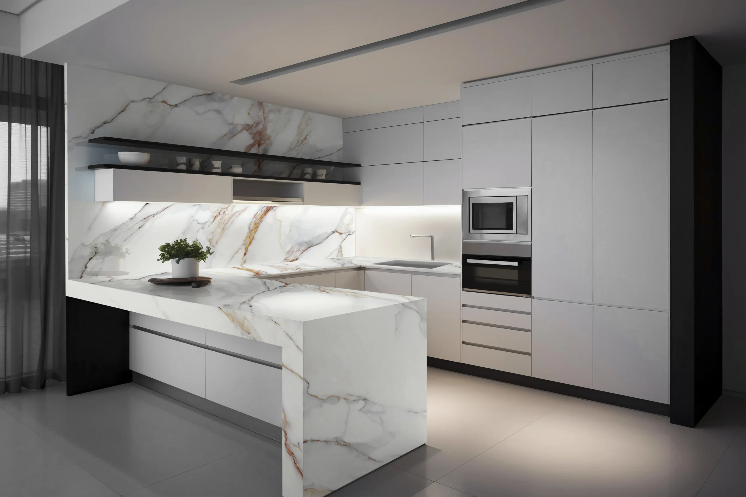 Industrial style kitchen with grey quartz countertops