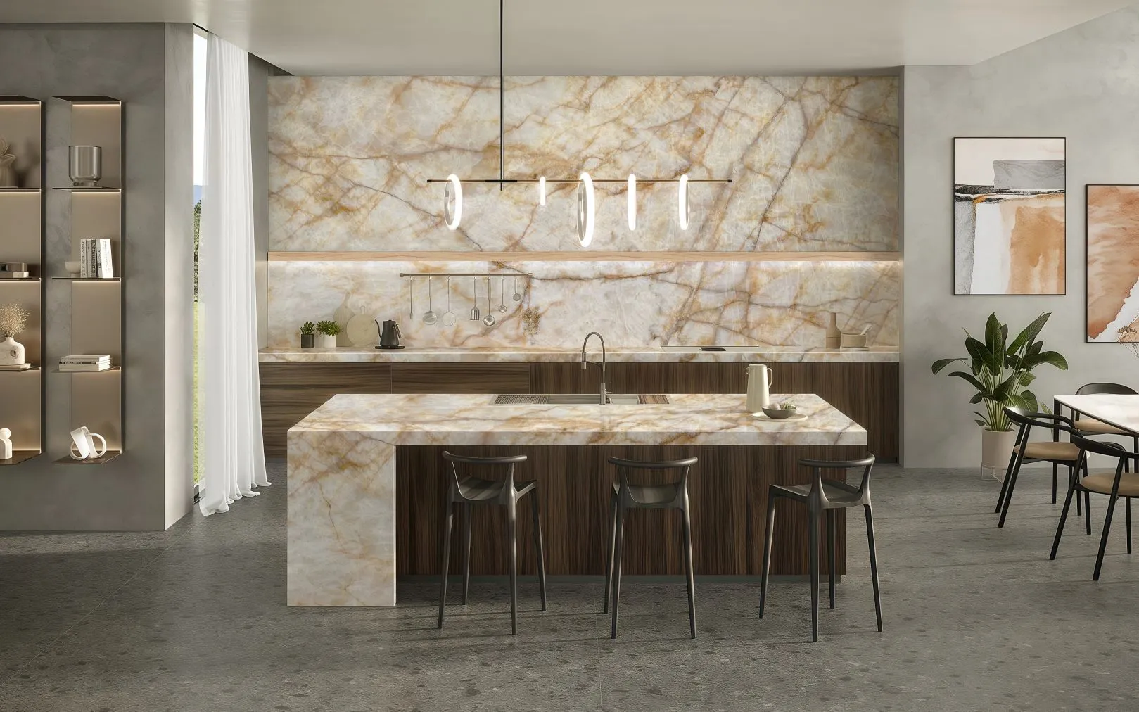 Industrial style kitchen with grey quartz countertops
