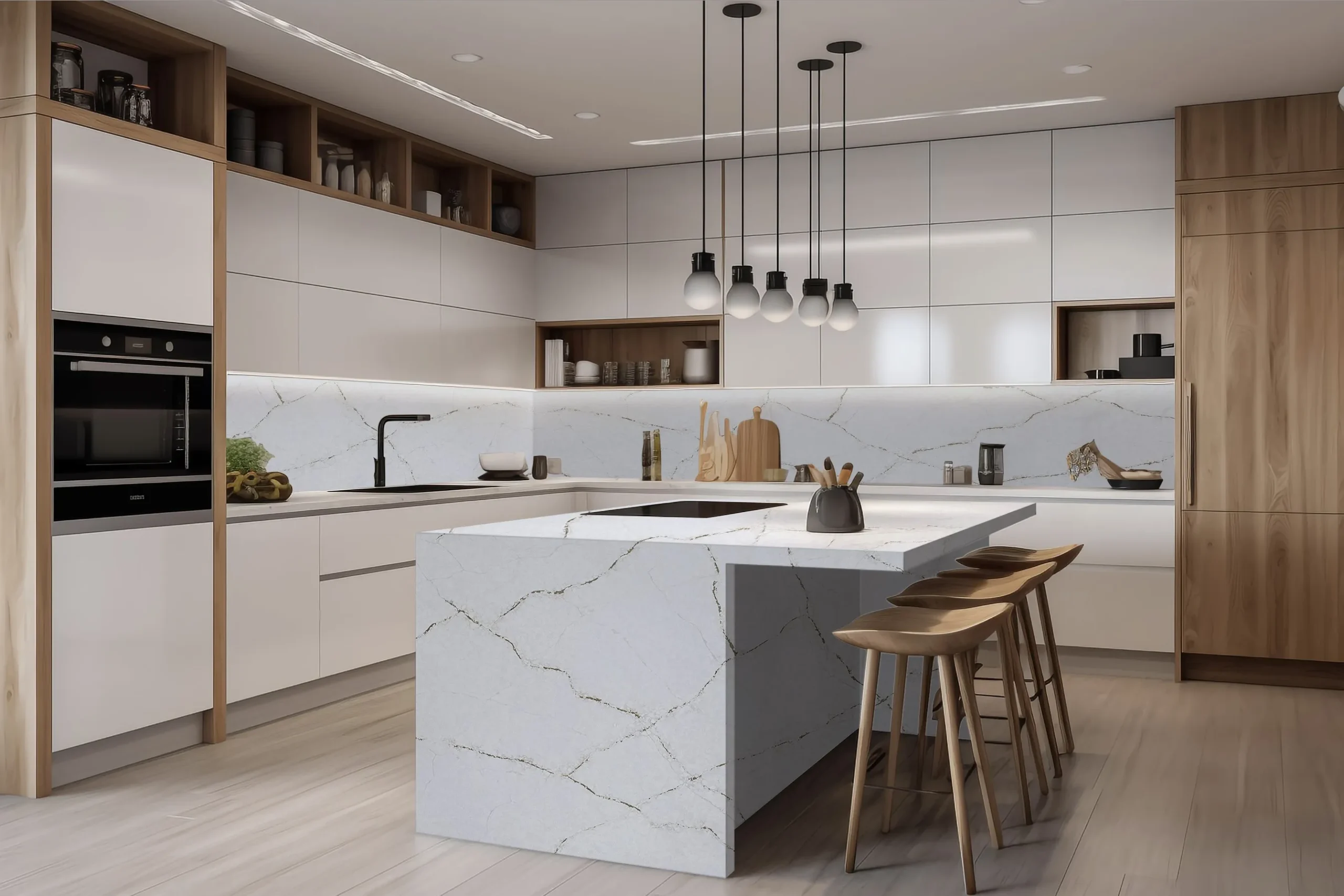 Bright modern kitchen with pure white quartz island